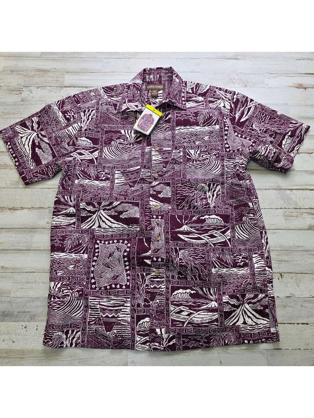 Cooke Street Hawaiian Islands Shirt S Purple AOP Volcano Boats Tribal Hawaiian